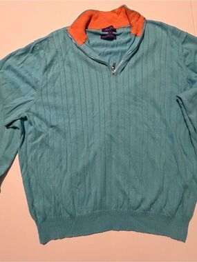 Alan Flusser Turquoise Quarter-Zip Sweater with Orange Collar-XXL